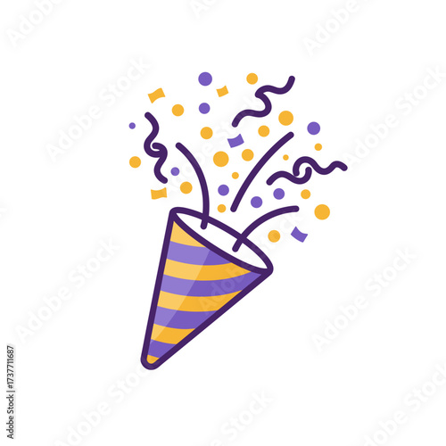 Party popper icon with confetti and streamers in flat style