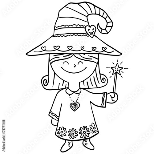 halloween festival. Cute cartoon girl in a witch costume holding a magic wand. retro trendy groovy halloween illustration in doodle line style