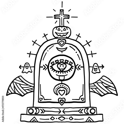 halloween festival.Halloween-themed gravestone with ghostly elements and a cross. retro trendy groovy halloween illustration in doodle line style