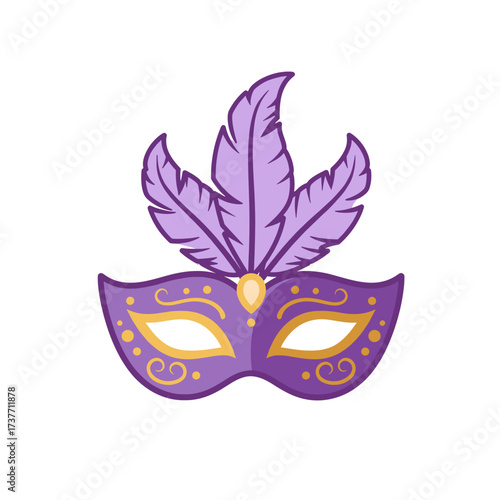 Colorful purple masquerade mask with feathers and decorative patterns  