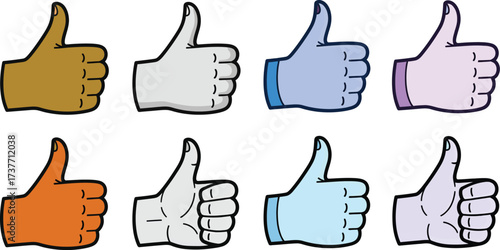Diverse collection of hands giving a thumbs up gesture in various colors