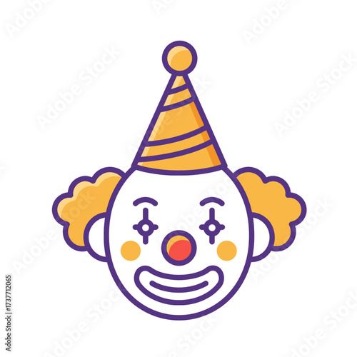 Cartoon clown face with party hat and colorful cheerful features  