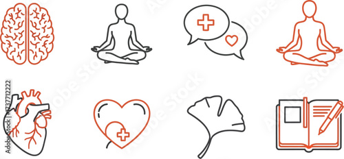 Holistic health icons: brain, meditation, heart, communication, and Ginkgo leaf