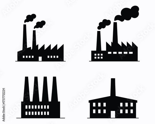 Diverse Industrial Landscapes A Set of Factory Icons Demonstrating Differing Architectural Designs and Environmental Impact Through Varying Smoke Emissions