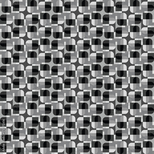 Abstract black and white geometric scarf pattern featuring interlocking shapes, including rectangles and semi-circles, creating a modern and vibrant design.

