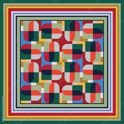 Abstract geometric scarf pattern featuring colorful interlocking shapes, including rectangles and semi-circles, creating a modern and vibrant design.