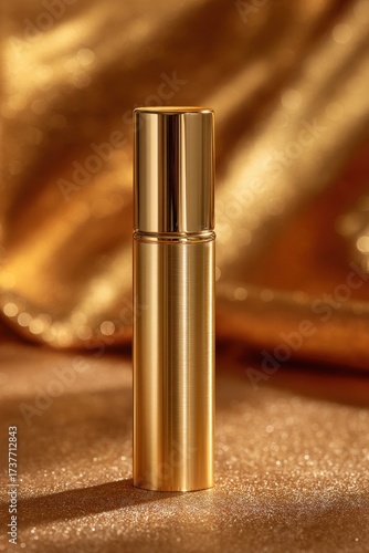 Golden bottle presents luxury on glittering backdrop