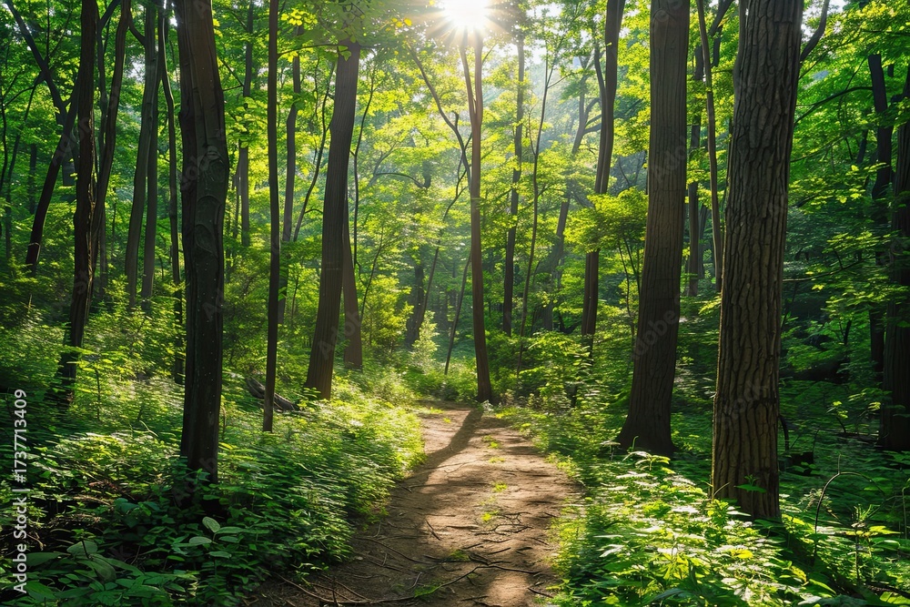 Fototapeta premium Summer hiking trail in a dense forest, vivid greenery, strong sun rays streaming through trees