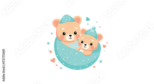 Two cute teddy bears wearing blue hats sleeping in a cozy hammock.
