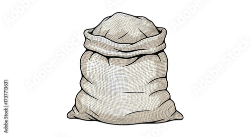 A full sack overflowing with fine granular material on a white background.