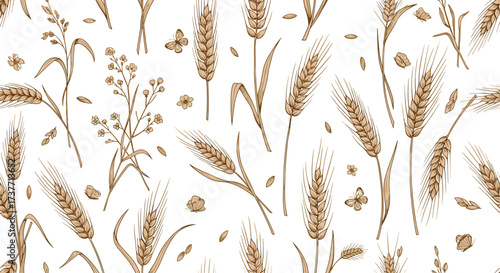 A seamless pattern of wheat stalks and wild grasses with delicate blooming flowers and fluttering butterflies.