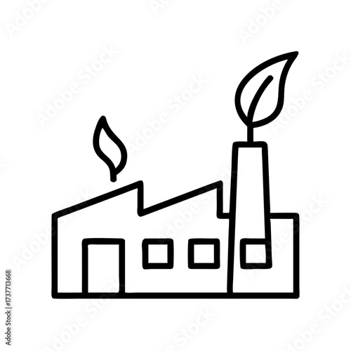 Simple outline of an eco-friendly factory with green leaves  