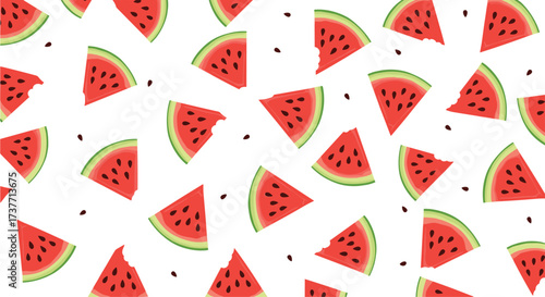 A vibrant pattern of juicy watermelon slices scattered across a clean white background.