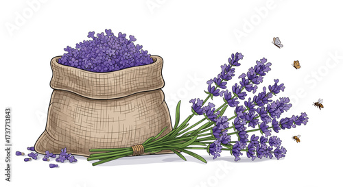 A burlap sack overflowing with fragrant lavender next to fresh sprigs and buzzing bees.