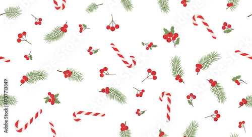 A festive christmas pattern featuring candy canes and holly berries.