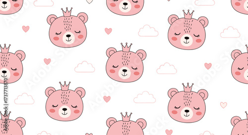 A cute pink bear with a crown and closed eyes surrounded by hearts and clouds.