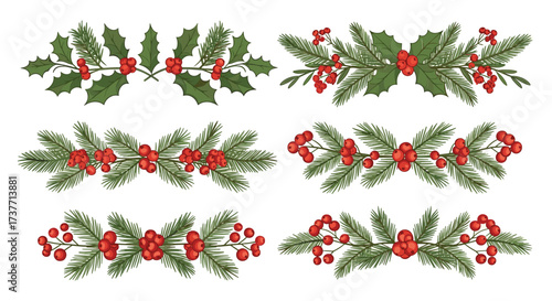 Seasonal festive garlands with pine needles and holly berries for winter celebrations.