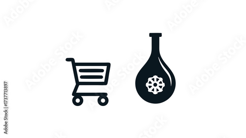 Online Shopping and E-commerce Vector Icons with Shopping Cart and Decorative Bottle for Retail Sales, Web Design, and UI