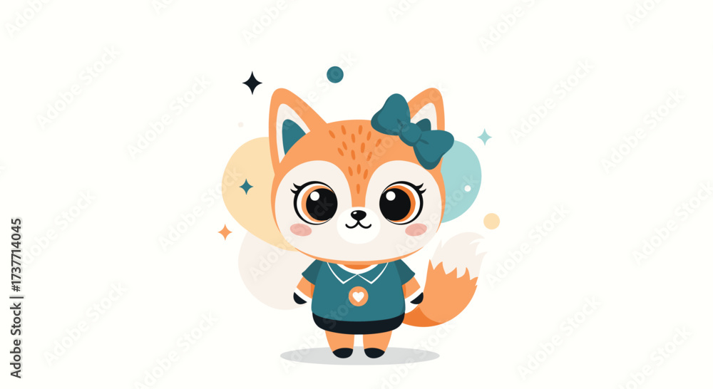 Fototapeta premium Adorable cartoon fox wearing a blue outfit and a bow in her hair.