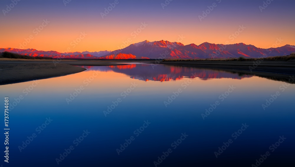 Naklejka premium Tranquil sunset over calm lake with mountain reflections