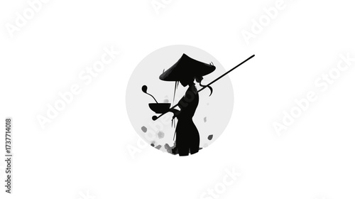 Monochrome traditional Asian fisher silhouette with conical hat, fishing rod, and bowl, graphic illustration
