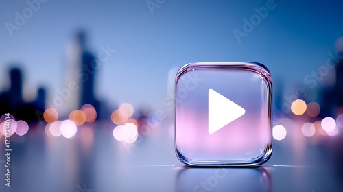 Sleek glass button displays modern video play icon crystal glass button features play symbol for media playback