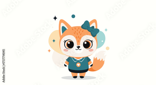 Adorable cartoon fox wearing a blue outfit and a bow in her hair.