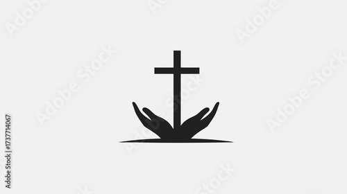 Stylized black silhouette of a Christian cross cradled by open hands, symbolizing divine faith, hope, prayer, and spiritual connection.
