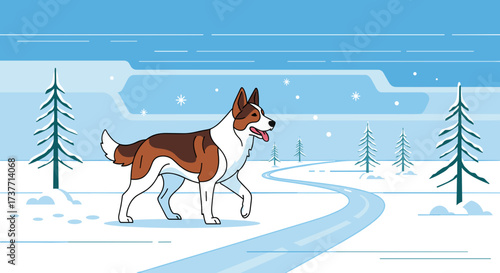 Shepherd dog walking along a snowy trail in a winter landscape