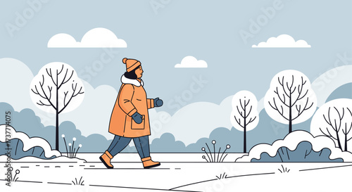 Person in an orange coat walking through a winter landscape with snow-covered trees