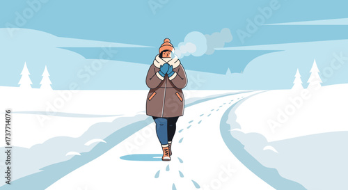 A plump woman in a warm coat walking along a snowy path, holding a hot drink