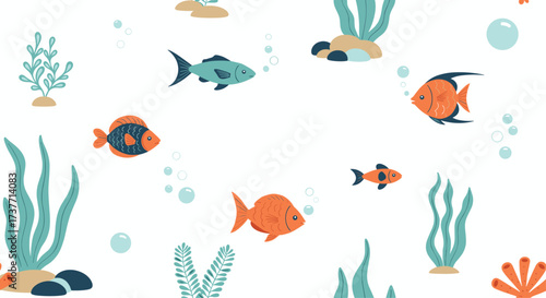 A whimsical underwater scene filled with colorful fish and aquatic plants.