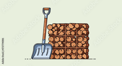 Snow shovel leaning against a stack of firewood