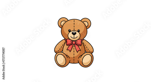 A fluffy brown teddy bear with a red bow sits on a white background.
