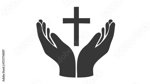 Hands holding or supporting a Christian cross symbol, representing faith, prayer, spirituality, hope, and worship. Minimalist design.