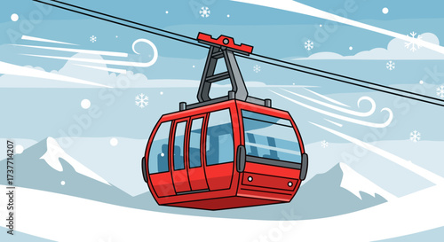 Red cable car traversing snowy mountains during a blizzard