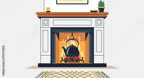 Cozy fireplace with an iron kettle and plants in a welcoming living room