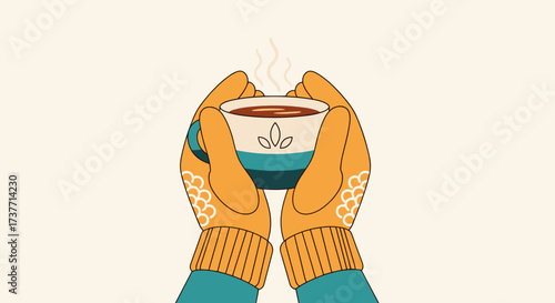 Hands in orange gloves holding a steaming cup of tea with a decorative pattern