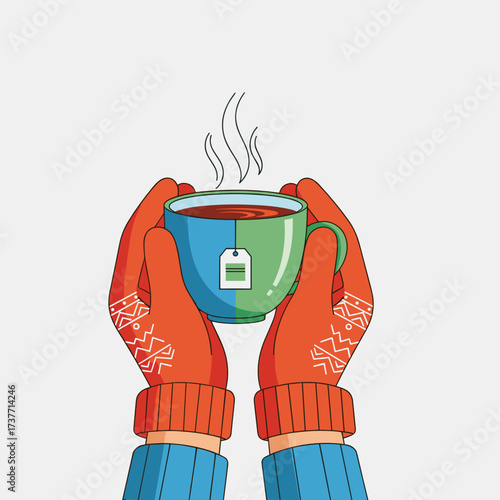 Hands in warm gloves holding a steaming cup of tea