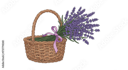 A woven basket filled with fragrant lavender flowers tied with a purple ribbon.