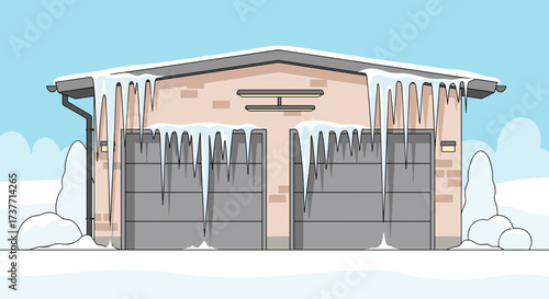 Huge icicles hanging from garage doors in a snowy winter landscape