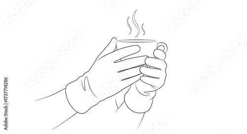 Hands in gloves holding a warm cup with steam rising, depicted in minimalist line art
