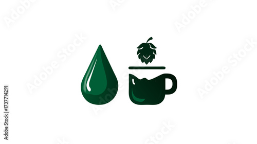 Natural brewing ingredients concept with green hop cones, liquid drop, and beverage mug illustration. Craft beer production design.