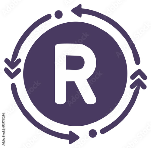 Letter R Icon with Circular Arrows for Rotation, Renewal, Recycle, Refresh, or Rebrand Concepts