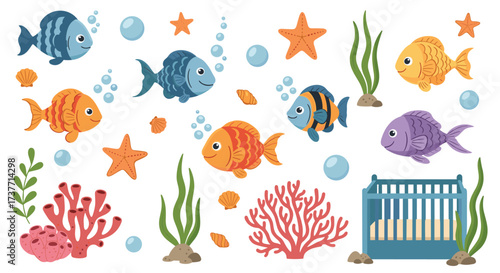 A charming underwater scene with colorful fish coral and a crib.