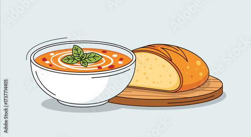 Bowl of soup with fresh basil and sourdough bread on a wooden board
