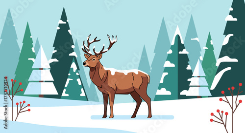 Deer in a winter forest landscape with snow-covered trees and a serene atmosphere
