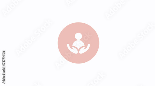 Minimalist care and support icon: human figure with cupped hands in a light pink circle, symbolizing help, well-being, community, and empathy.