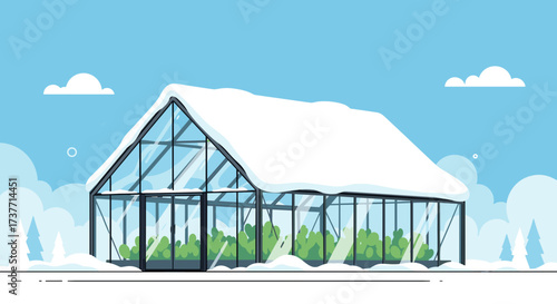 Snow-covered greenhouse in a winter landscape illustration
