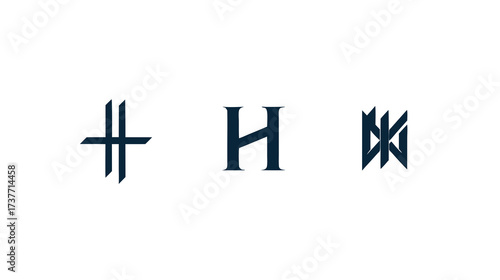 Set of three stylized abstract monograms or letter forms in dark blue on a white background, concept for modern graphic design and branding.